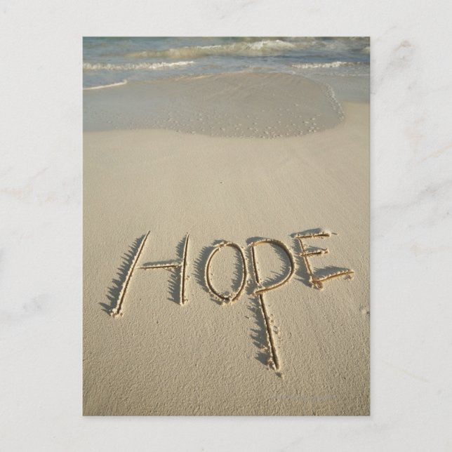 The word 'Hope' sand written on the beach with Postcard (Front)