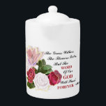 The Word Of God Will Last Forever<br><div class="desc">Beautiful Christian inspirational porcelain teapot with printed image of a painting of lovely red and white roses. This teapot has the Scripture of Isaiah 40:8. "The grass withers, flowers will fade, but the word of God will stand forever.</div>