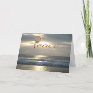 The Word Peace Crafted In Seashells Ocean Sunset Card
