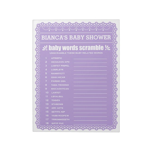The Word Scramble Purple Papel Picado Baby Shower Notepad (Rotated)