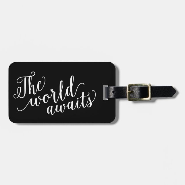 The World Awaits in Black | Luggage Tag (Front Horizontal)