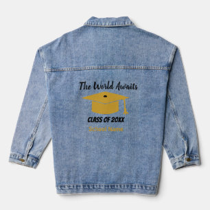 The World Awaits Stylish Black and Gold Graduation Denim Jacket