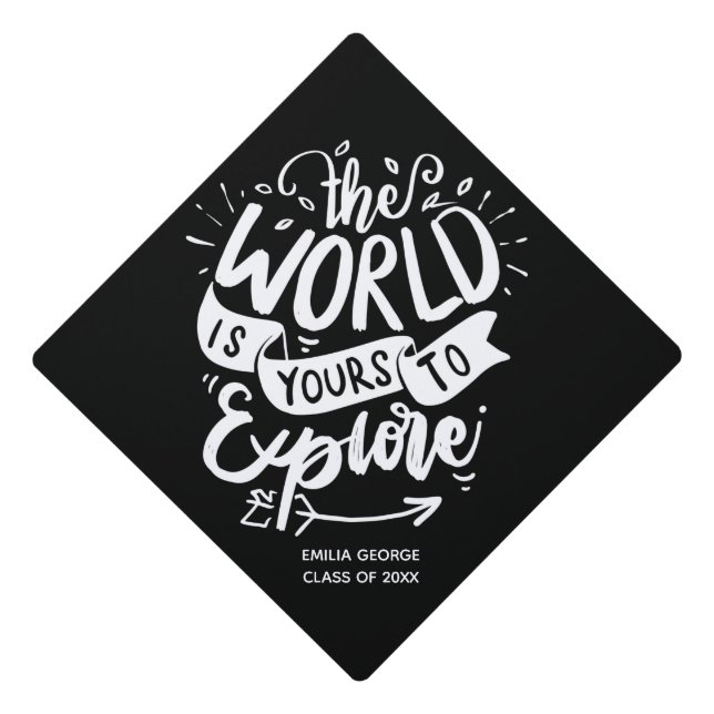 The World is Yours To Explore Quote Custom Name Graduation Cap Topper (Front)