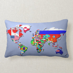 The World Map With Their Flags Lumbar Pillow