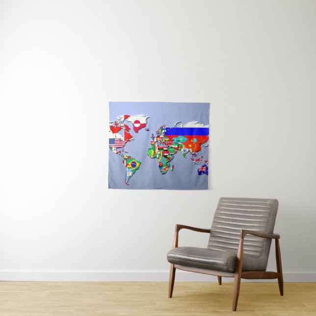 The World Map With Their Flags Tapestry (In Situ (Horizontal))