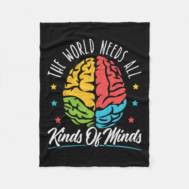 The World Needs All Kinds Of Minds Autism Awarenes Fleece Blanket (Front)