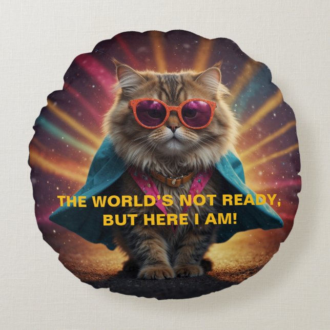 The World’s Not Ready – Confident Cat Humour Desig Round Pillow (Front)
