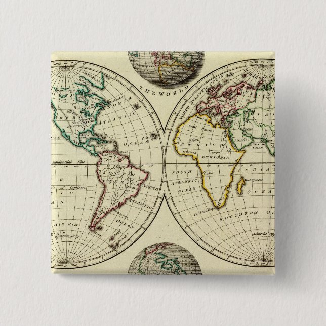 The World with continental boundaries 2 Inch Square Button (Front)