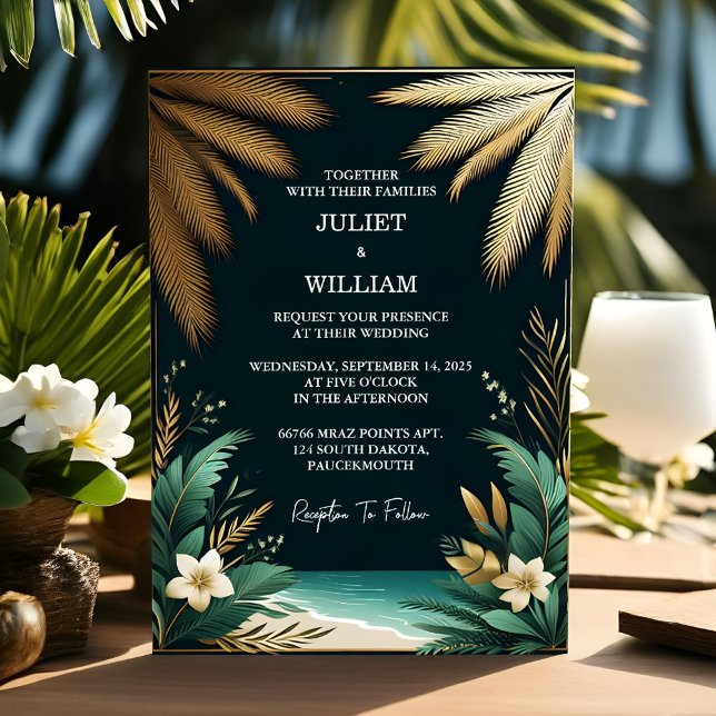 The Wreath Palm Tree Beach Green And Gold Wedding Invitation (Creator Uploaded)