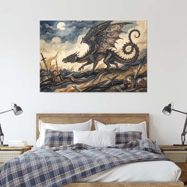 The Wyvern Over Fallen Knights Canvas Print (Insitu(Bedroom))