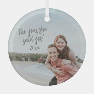The Year She Said Yes Engagement Photo Handwritten Glass Ornament