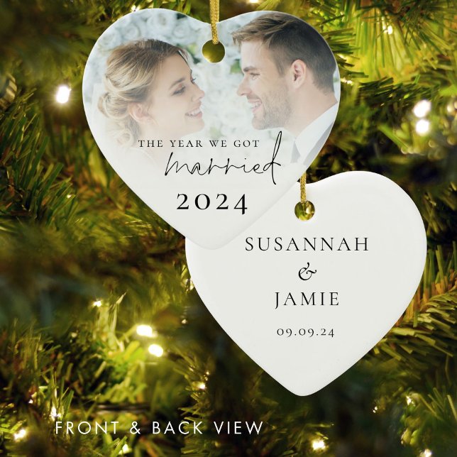 The Year We Got Married Photo Overlay Ceramic Ornament (Front and back view)