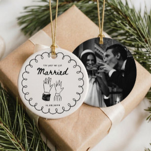 The Year We Got Married Whimsical Doodle Photo Ceramic Ornament