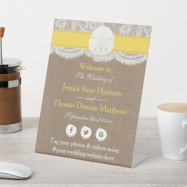 The Yellow Sand Dollar Beach Wedding Collection Pedestal Sign (In SItu)
