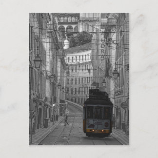 The yellow tram of black and white Lisbon Postcard