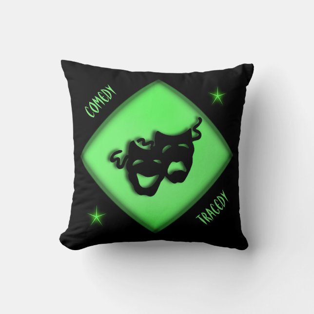 Theatre Happy Sad Greek Masks Green Throw Pillow (Front)