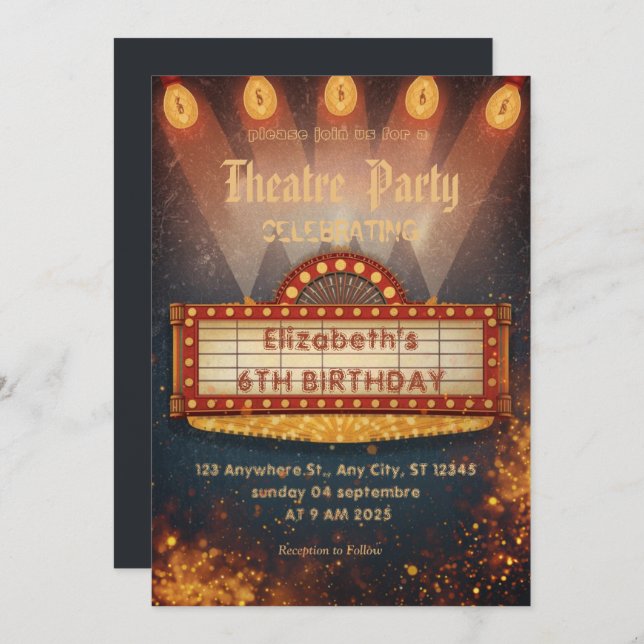 Theatre Marquee Party Invitation – Birthday invite (Front/Back)