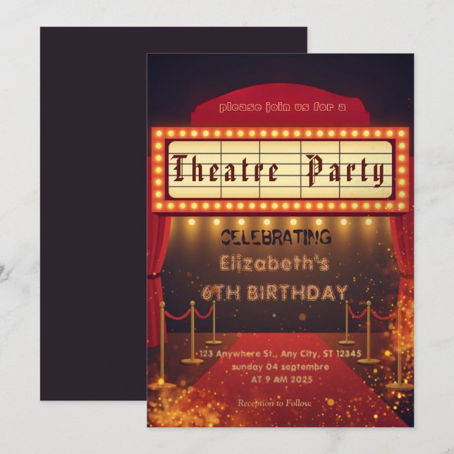 Theatre Marquee Party Invitation – Birthday invite (Front/Back)