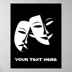 Theatre Mask Comedy Tragedy Black White Custom Poster