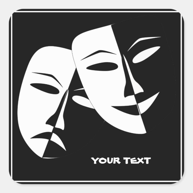 Theatre Mask Comedy Tragedy Black White Custom Square Sticker (Front)
