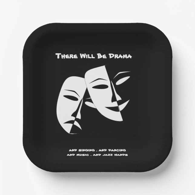 Theatre Mask Comedy Tragedy Black White Drama 7" Paper Plate (Front)