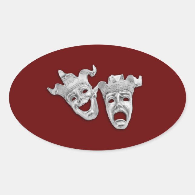 Theatre Masks Design Maroon Oval Sticker (Front)