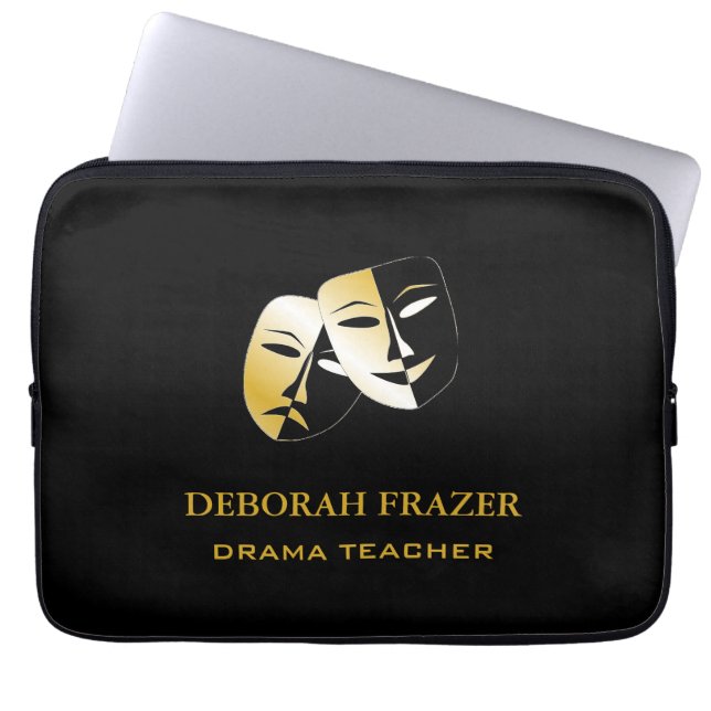 Theatre masks silhouette black laptop sleeve (Front)