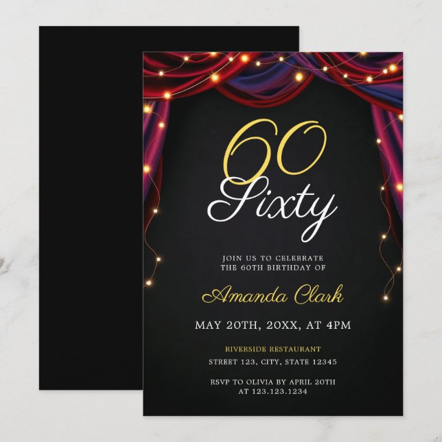 Theatrical Red Curtains with Lights 60th Birthday Invitation (Front/Back)