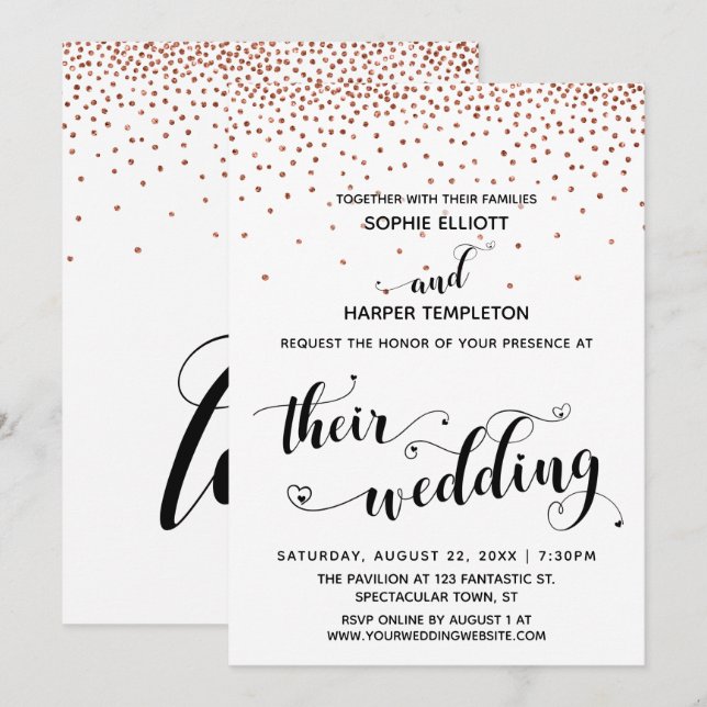 Their Wedding Hearts Script Faux-Copper Confetti Invitation (Front/Back)