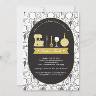 Thème cuisine Douche nuptiale Invitations or noir