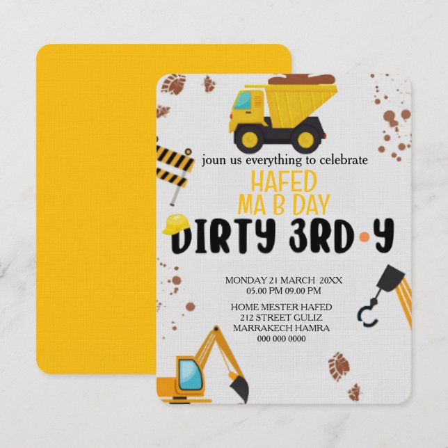 Thème de construction 3ème anniversaire Invitation (Devant / Derrière)