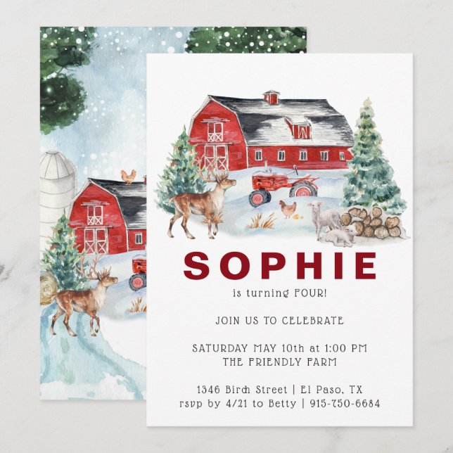 Thème de la ferme d'hiver | Invitation de fête d'a (Devant / Derrière)