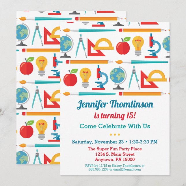 Thème de l'école Anniversaire Invitation Enseignan (Devant / Derrière)