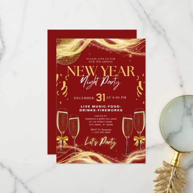 Thème de Nouvel An Gold & Red Party Invitation (Devant/Arrière en situation)