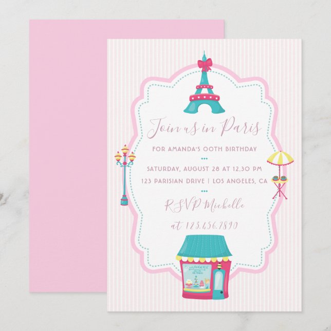 Thème Fille Pink Paris Invitation fête d'anniversa (Devant / Derrière)