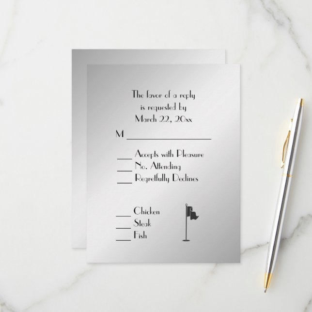 Thème Mariage de golf Menu Argent RSVP (Devant/Arrière en situation)