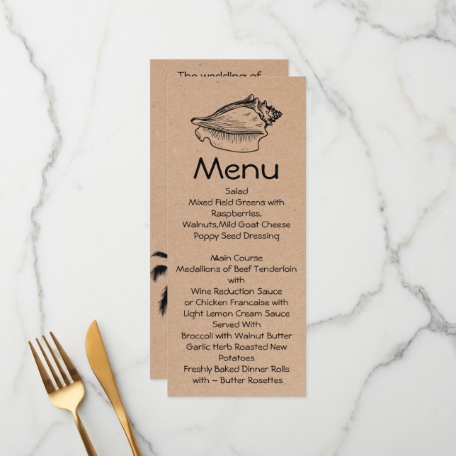 Thème Plage d'artisanat Mariage maigre Menu Table (Devant/Arrière en situation)