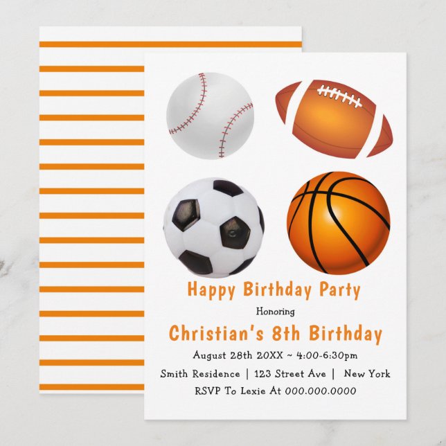Thème Sport 8e anniversaire Invitations fêtes (Devant / Derrière)