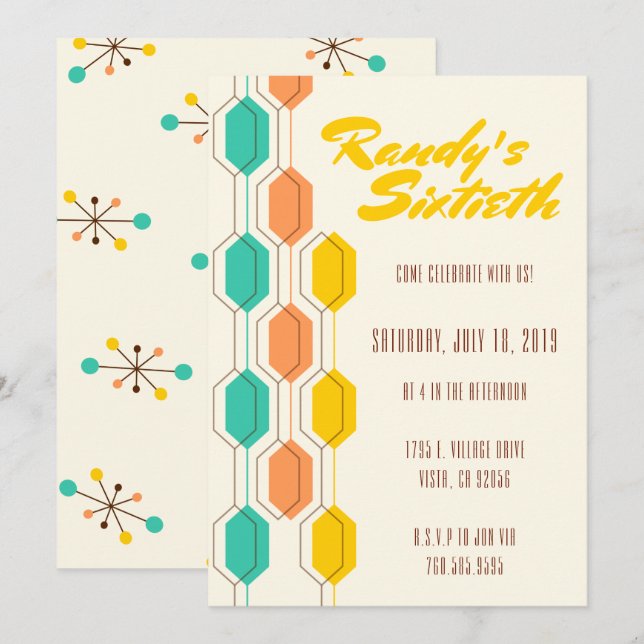 Thème vintage Mid Century, Invitation d'anniversai (Devant / Derrière)
