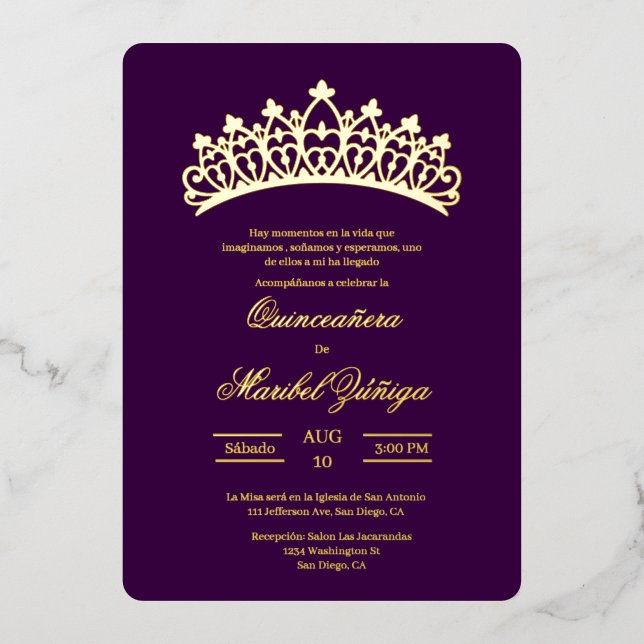 Thème violet Quinceanera Foil Invitation (Recto)
