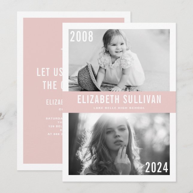 Then and Now Blush Pink Photo Collage Graduation Invitation (Front/Back)