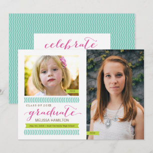 Then and Now Mint & Pink Chevron Photo Graduation Invitation