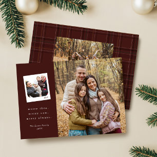Then and now three photo maroon Merry Christmas Holiday Card