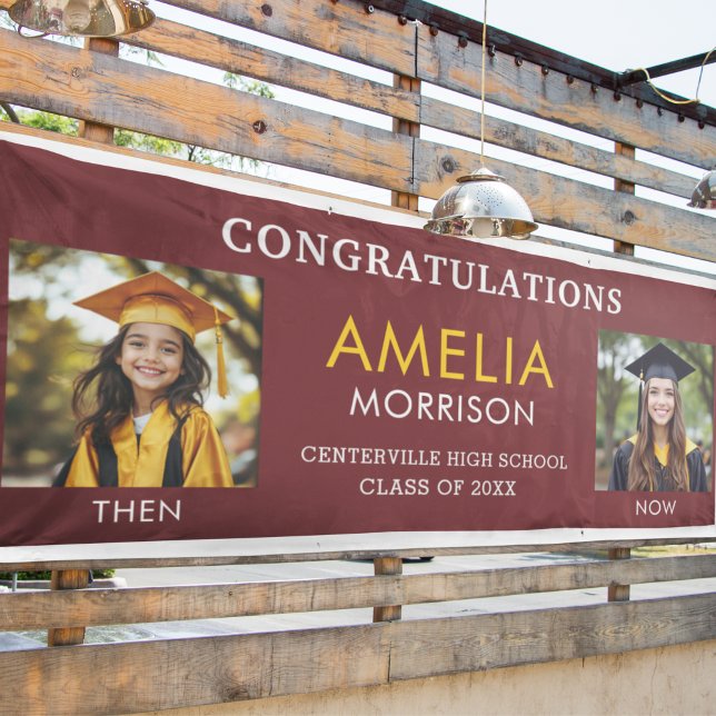 Then & Now Burgundy Gold Photo Graduation Banner (Creator Uploaded)