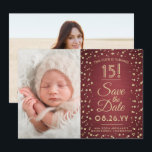 Then & Now Photos Quinceañera Burgundy and Gold Save The Date<br><div class="desc">Look who's turning 15! Share then and now photos of the quinceañera with unique 2 photo save the date invitations. The pictures and all wording on this template are simple to personalize. The colors, font styles and overlay opacity can be easily customized with the Zazzle Design Editor tool. The modern...</div>