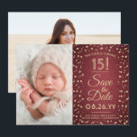 Then & Now Photos Quinceañera Burgundy and Gold Save The Date<br><div class="desc">Look who's turning 15! Share then and now photos of the quinceañera with unique 2 photo save the date invitations. The pictures and all wording on this template are simple to personalize. The colors, font styles and overlay opacity can be easily customized with the Zazzle Design Editor tool. The modern...</div>