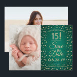 Then & Now Photos Quinceañera Green & Gold Glitter Save The Date<br><div class="desc">Look who's turning 15! Share then and now photos of the quinceañera with unique 2 photo save the date invitations. The pictures and all wording on this template are simple to personalize. The colours, font styles and overlay opacity can be easily customized with the Zazzle Design Editor tool. The modern...</div>
