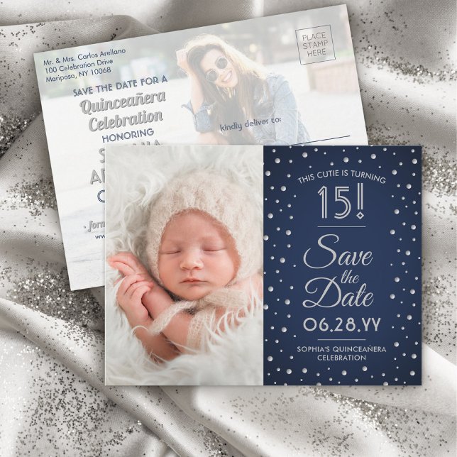 Then & Now Photos Quinceañera Save the Date Blue Invitation Postcard (Creator Uploaded)