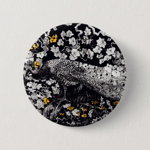 Theo Van Hoytema Retro Peacock Clip Art Black and 2 Inch Round Button
