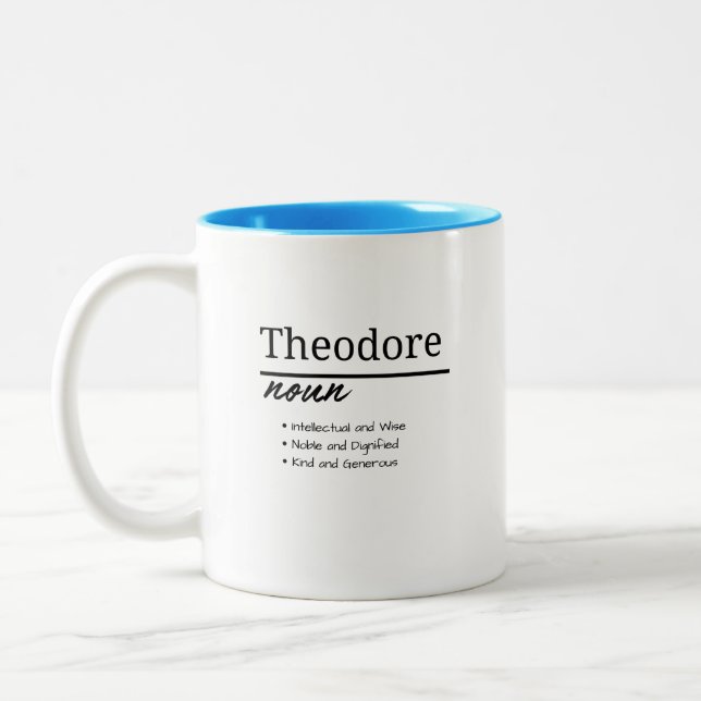Theodore, Boy Personalized Name Definition Two-Tone Coffee Mug (Left)